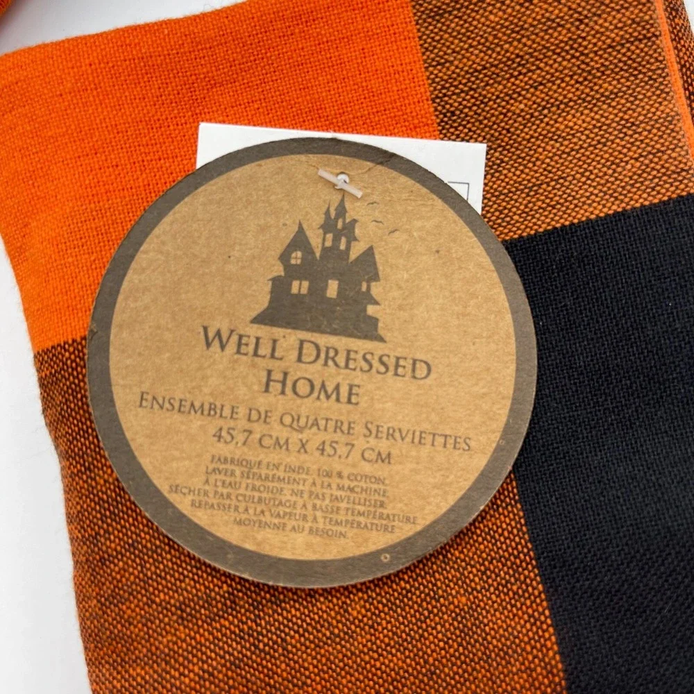 Well Dressed Home Fall Black & Orange‎ Plaid Tablecloth and 12 Napkins Set